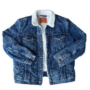 Levi's Mens Shearling Faux Sherpa Lined Acid Denim Jean Trucker Jacket Large